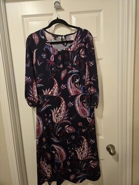 Talbots Navy Paisley-Print Midi Dress with Pink & Purple Accents